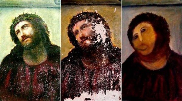 La pintura del Ecce Homo en sus tres fases: original, daño y restauración.