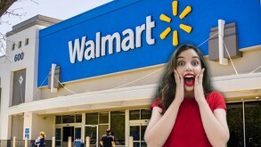 Fachada de Walmart y una mujer sorprendida.