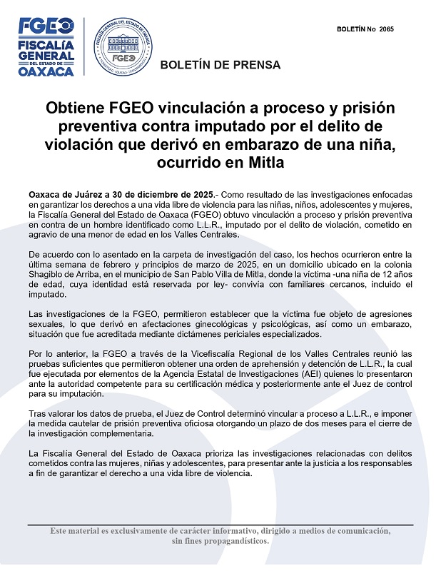 Un comunicado de la Fiscalía de Oaxaca en la que se dicta una vinculación a proceso.