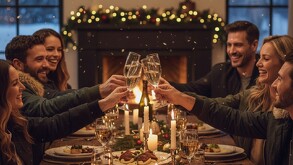 Se observa a varias persnas alzando una copa de vino, sonriendo y con comida en una mesa.