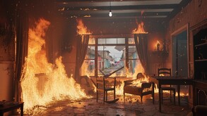 Se observa un cuarto en donde se incendian muebles  y tiene un ventanal enfrente.