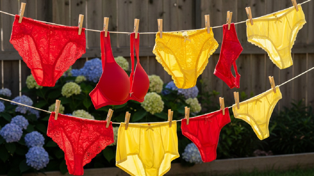 ropa interior amarilla y roja de dama en un tendedero