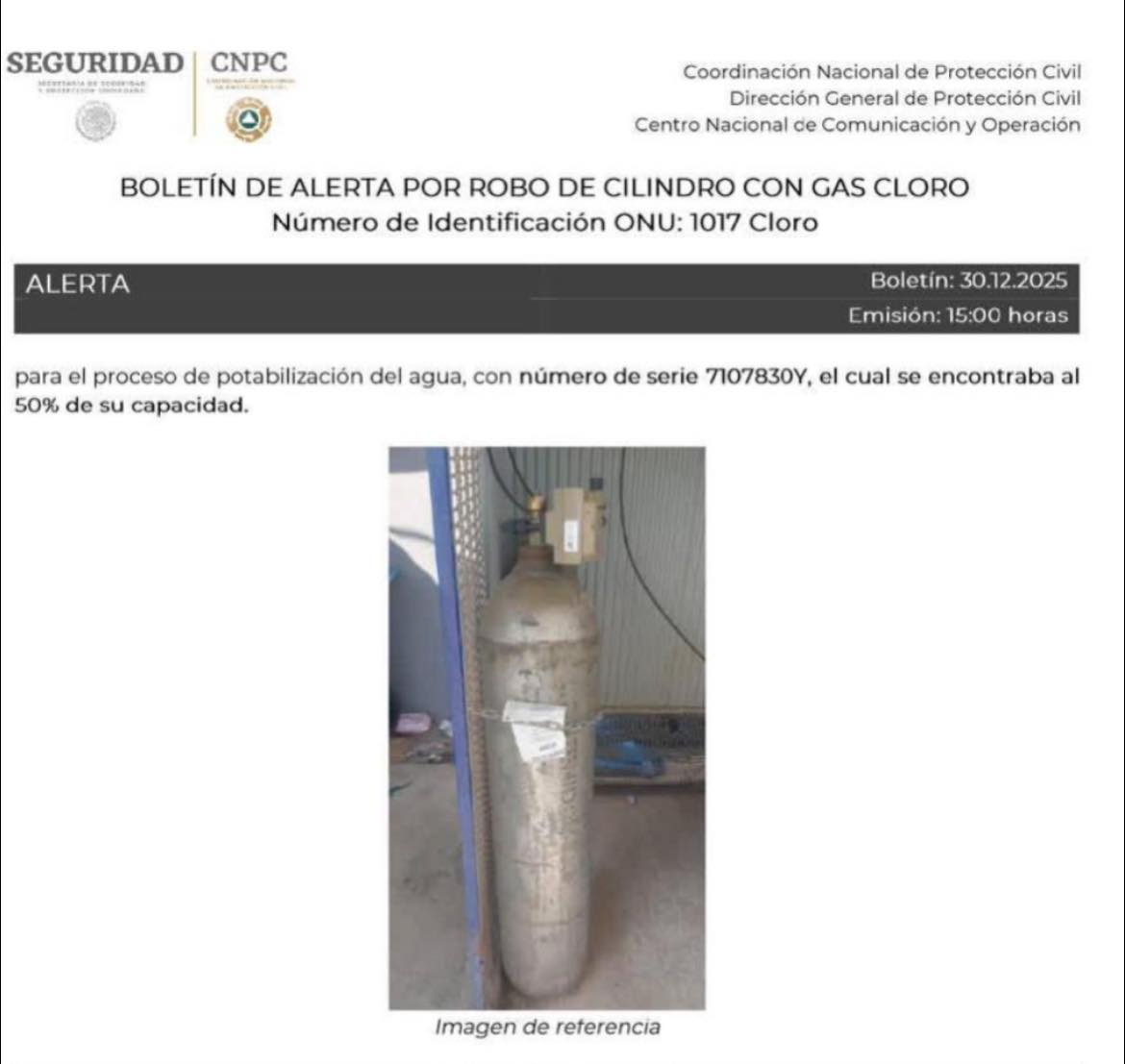 El robo de un cilindro con has cloro a puesto en alerta a autoridades de Jalisco y otros estados vecinos.