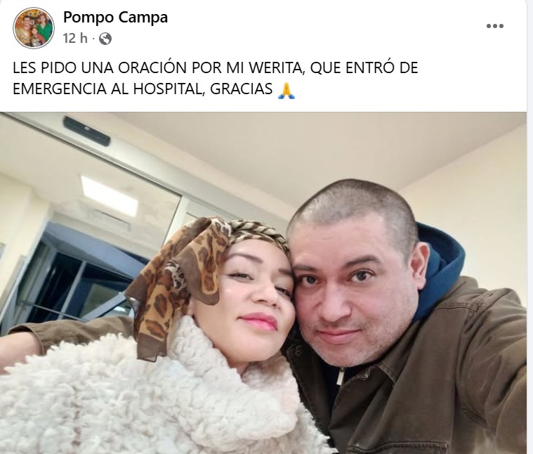 Publicación de Pompo sobre hospitalización de su esposa.