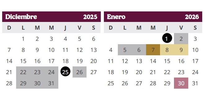 Calendario de vacaciones de diciembre en la SEP 2025-2026.