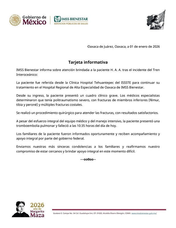 Tarjeta informativa del IMSS-Bienestar sobre la muerte de una paciente de nombre Hilda Alcántara.