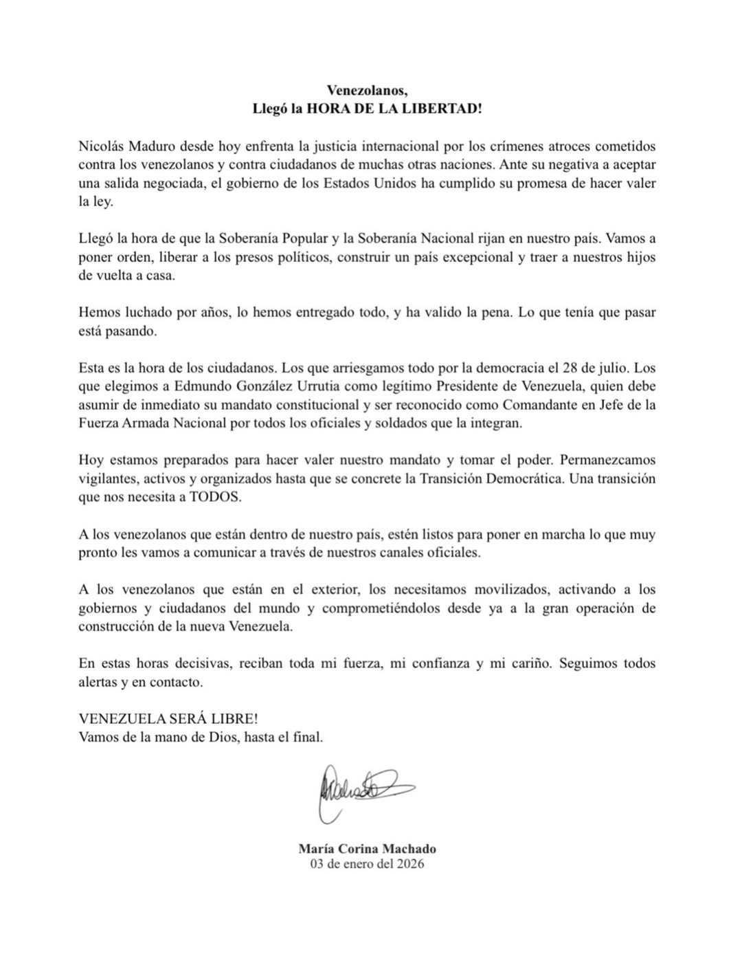 Comunicado de María Corina Machado, líder opositora en Venezuela, tras la captura de Nicolás Maduro por parte de los Estados Unidos.