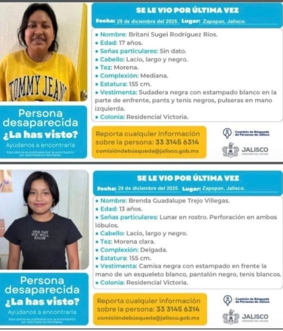 Fichas de búsqueda con imágenes de las dos menores desaparecidas del Hogar Cabañas en Guadalajara