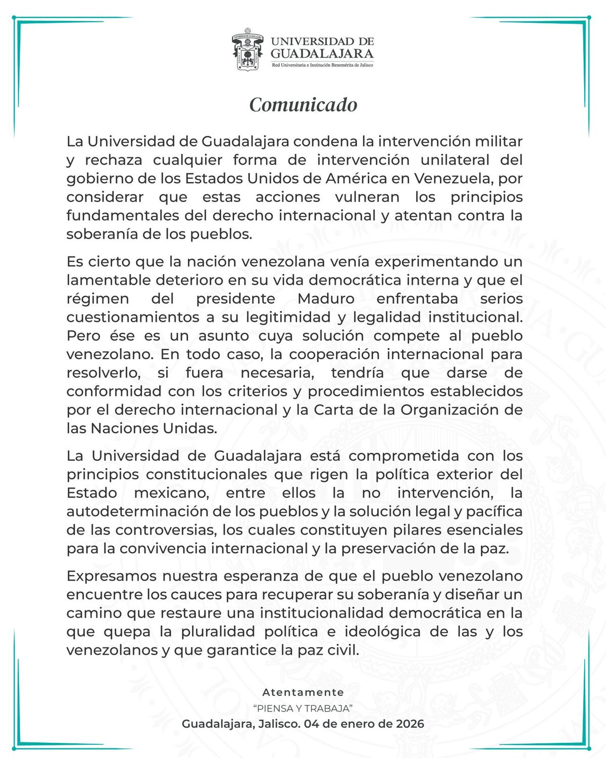 La Universidad de Guadalajara condenó la intervención de Estados Unidos en Venezuela.-