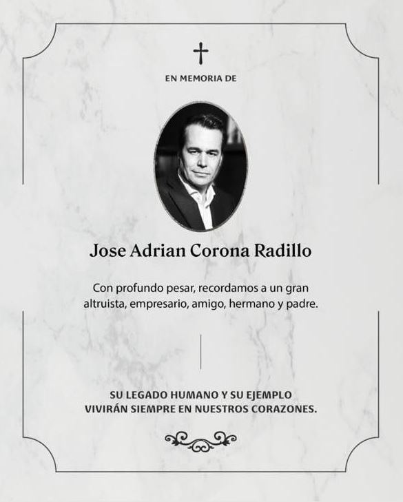 Mensaje de condolencias con la imagen en blanco y negro de Adrián Corona compartida por la empresa Grupo Corona