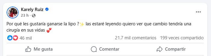 Publicación de Karely Ruiz sobre rifa de liposucción.