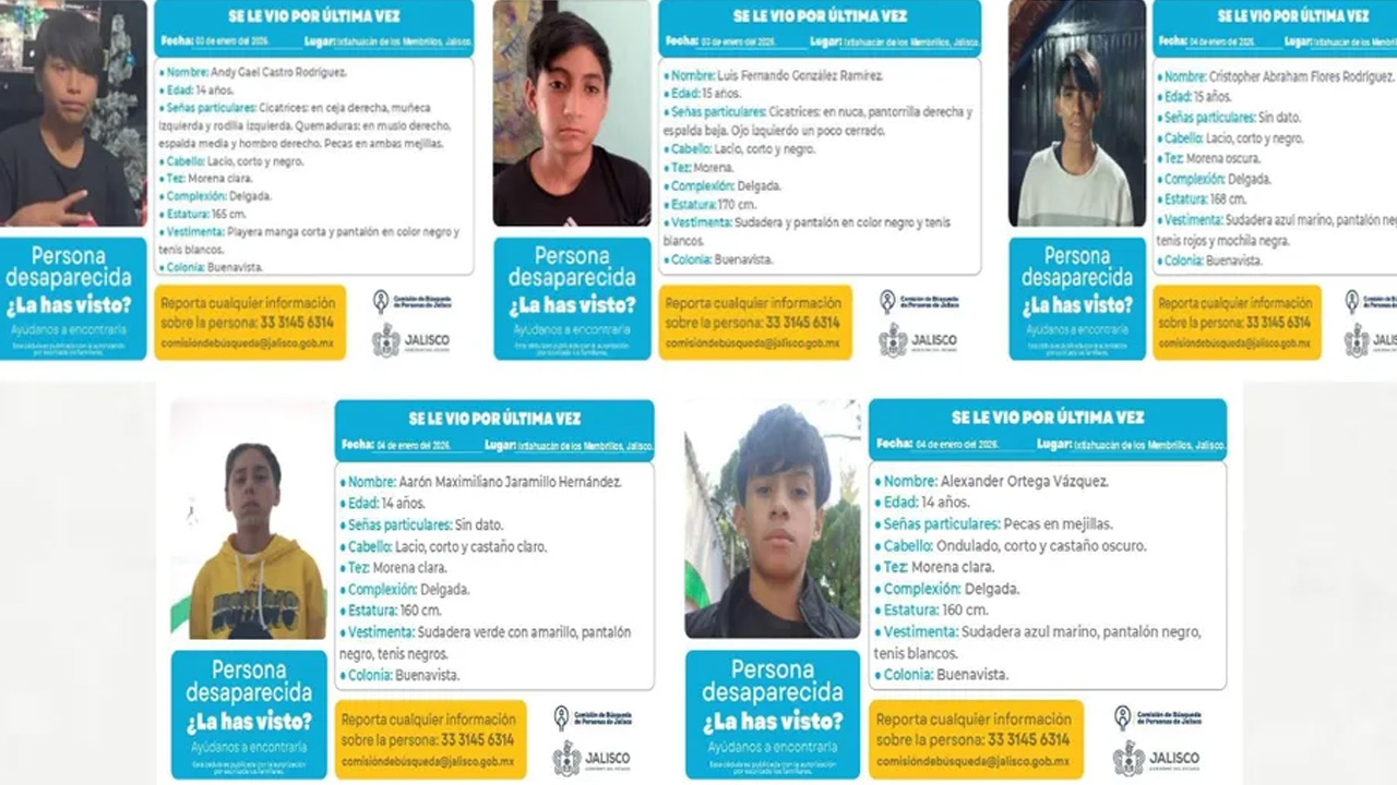 Cinco adolescentes de entre 14 y 15 años fueron reportados como desaparecidos en la colonia Buenavista, en Ixtlahuacán de los Membrillos, Jalisco.