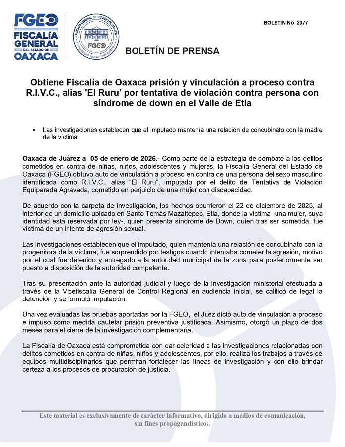Comunicado de prensa de la Fiscalía de Oaxaca donde se notifica la aprehensión de un hombre acusado de abuso sexual.