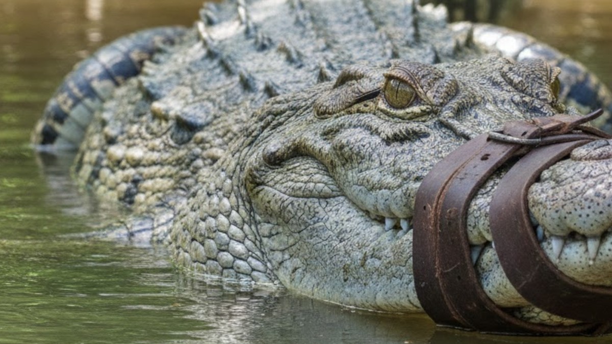 Cocodrilo con un bozal en un río