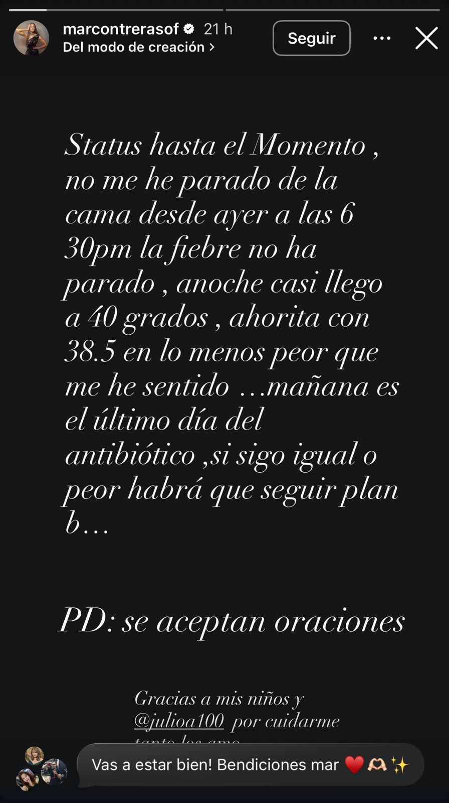 Mar Contreras a través de sus historias en Instagram