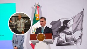 Pablo Lemus habla tras un podio con el escudo nacional; a un costado aparece la imagen de una mujer con una bandera y un recuadro circular con un hombre