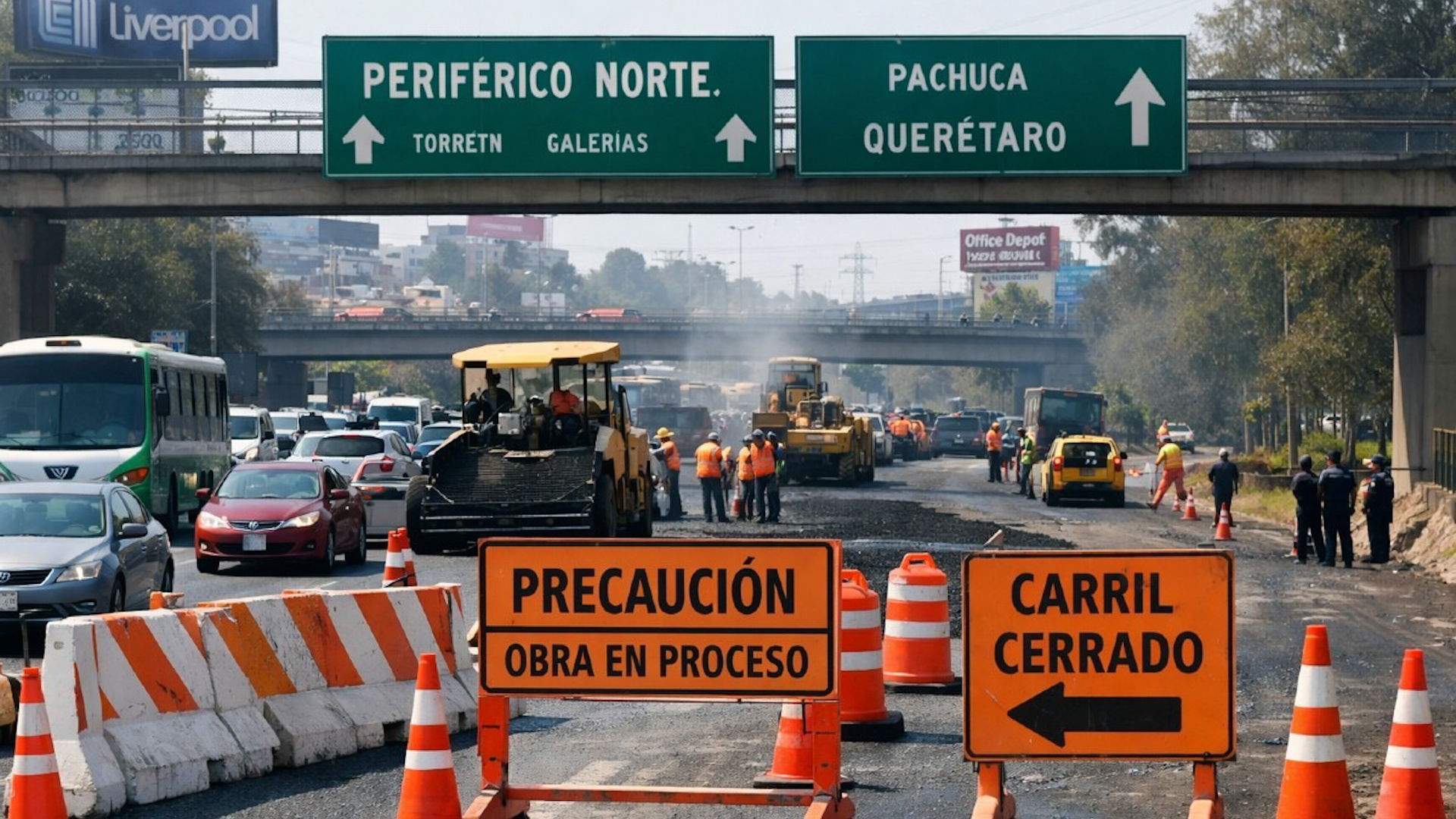 Inician las obras de repavimentación en Periférico Norte. Se reporta el cierre de tres carriles centrales que ha reducido la circulación a uno solo.