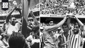 Imagen compuesta: a la izquierda, Pelé celebra con un trofeo; a la derecha, jugadores del Guadalajara alzan una copa en un estadio lleno.