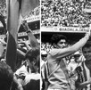 Imagen compuesta: a la izquierda, Pelé celebra con un trofeo; a la derecha, jugadores del Guadalajara alzan una copa en un estadio lleno.
