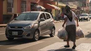 Se observa a una adulta mayor con bolsas en la mano en medio de una calle.