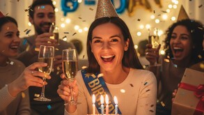 Imagen generada con IA de una mujer disfrutando su cumpleaños con un pastel y velas.