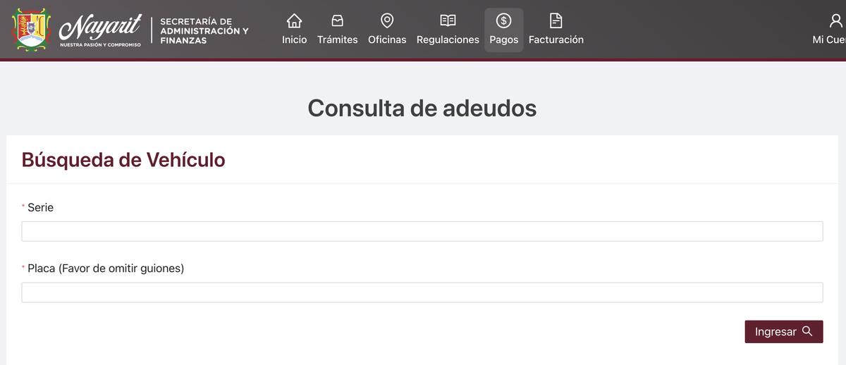 Portal para hacer el pago de refrendo en Nayarit, se aprecian los espacios donde se deben capturar los datos