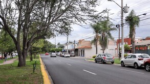 Una avenida arbolada en una zona residencial con autos estacionados y en movimiento; se observan casas de uno y dos niveles bajo un cielo nublado.