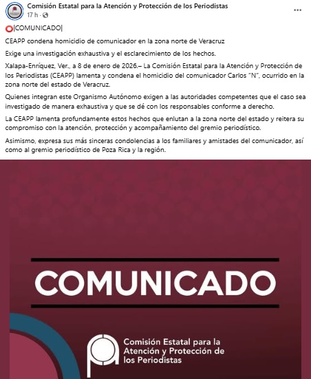 Comunicado que exige justicia por el asesinato de un periodista en Veracruz.