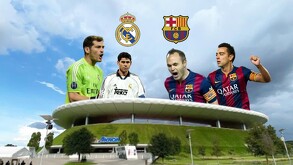 Fotomontaje del Estadio Akron con los escudos del Real Madrid y FC Barcelona, y las figuras de Casillas, Hierro, Iniesta y Xavi bajo un cielo nublado.