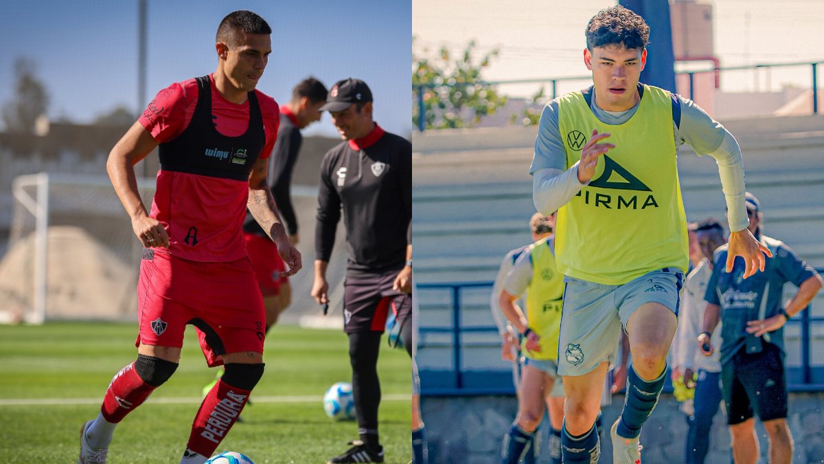 'Djuka', delantero del Atlas y Luis Rey, defensa del Puebla entrenando para el partido de la jornada 1 del Clausura 2026.