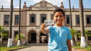 Niño con su tarjeta de la Beca Rita Cetina 2026.