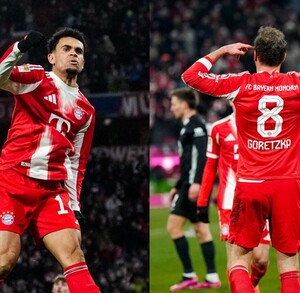 Luis Díaz y León Goretzka celebrando los goles del Bayern Múnich en la Bundesliga.