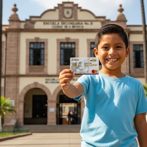 Niño con su tarjeta de la Beca Rita Cetina 2026.