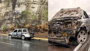 Camioneta incendiada en San Pedro Garza García.