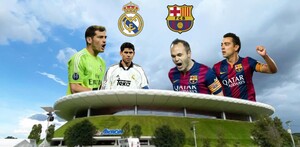 Fotomontaje del Estadio Akron con los escudos del Real Madrid y FC Barcelona, y las figuras de Casillas, Hierro, Iniesta y Xavi bajo un cielo nublado.