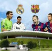 Fotomontaje del Estadio Akron con los escudos del Real Madrid y FC Barcelona, y las figuras de Casillas, Hierro, Iniesta y Xavi bajo un cielo nublado.