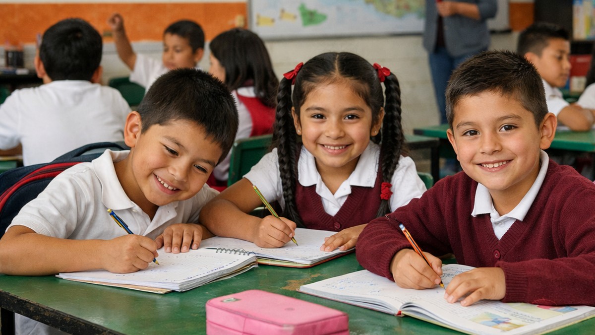 Niños de primaria en un salón de clases sonriendo a la cámara. Beca Rita Cetina.