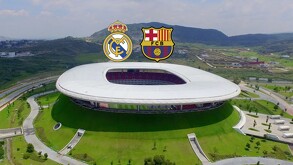 Una vista aérea del Estadio Akron en Zapopan, con los logotipos del Real Madrid y el FC Barcelona superpuestos para anunciar un evento especial.