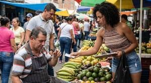 Mujer con ropa provocativa ofreciendo un boleto de rifa colombiana a un vendedor de un mercado con frutas, verduras y personas alrededor