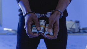 Primer plano de las manos de una persona esposada que sostiene varios rollos de billetes de dólares estadounidenses, bajo una iluminación fría.