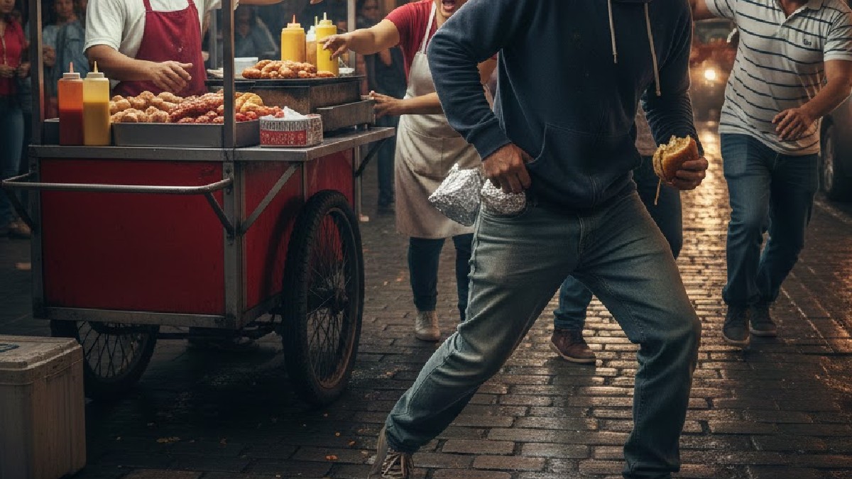 Hombre corriendo y 3 personas atrás de un local de hamburguesas