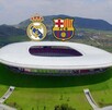 Una vista aérea del Estadio Akron en Zapopan, con los logotipos del Real Madrid y el FC Barcelona superpuestos para anunciar un evento especial.