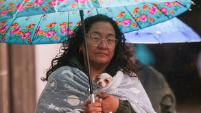 Personas abrigadas por el Frente frío 29 en Puebla, una mujer protege a su perrito de las bajas temperaturas.