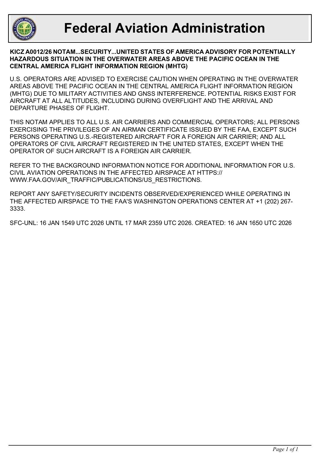 Gobierno de EU advierte por actividad militar en espacio aéreo de Centroamérica