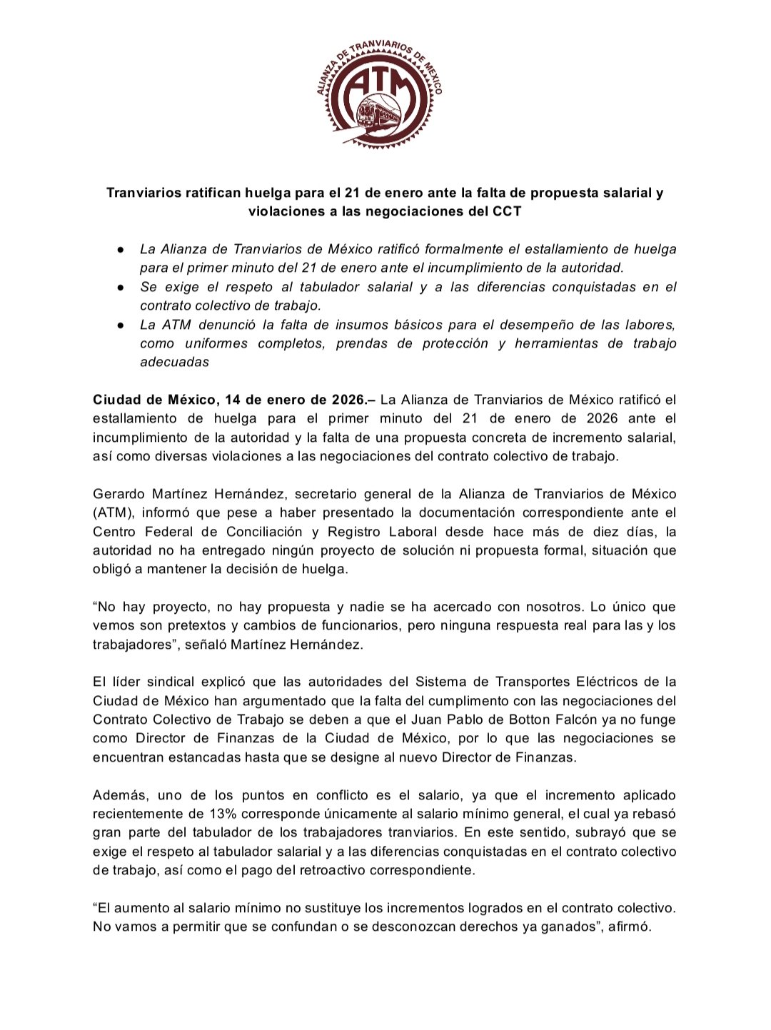 La Alianza de Tranviarios de México ratificó la huelga por falta de acuerdos salariales.