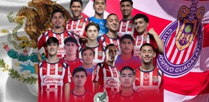 Collage que muestra a varios jugadores actuales de las Chivas frente a la bandera de México y el escudo oficial del Club Deportivo Guadalajara.