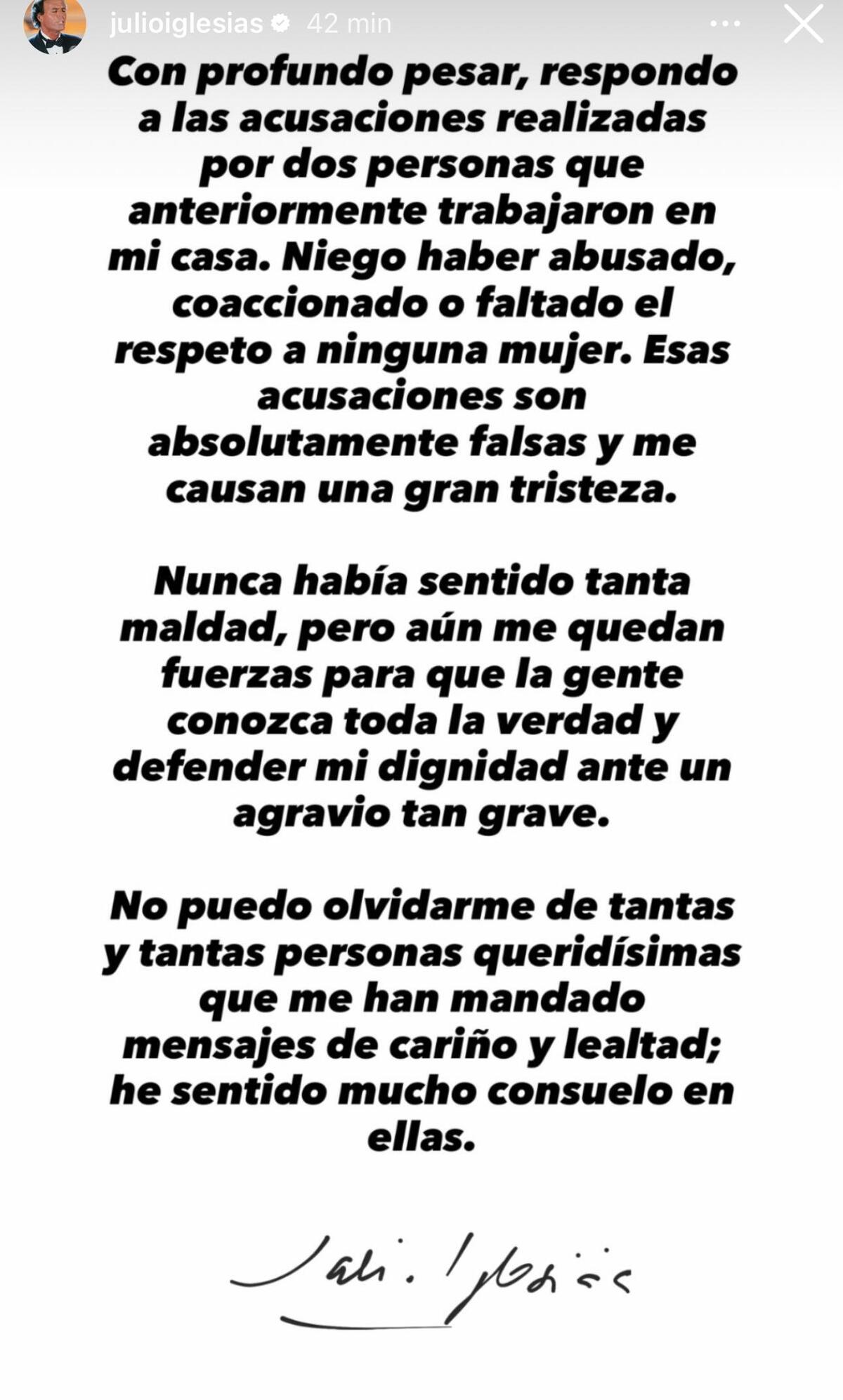 Captura de Instagram comunicado de Julio Iglesias.