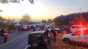 Automóviles, personas y patrullas con sirenas encendidas detenidos en una carretera con matorrales alrededor