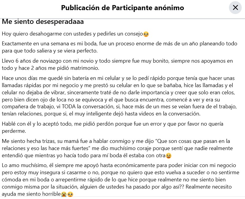 Publicación anónima sobre infidelidad