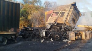 Restos de un camión de carga calcinados tras un incendio en medio de una carretera con matorrales a los costados